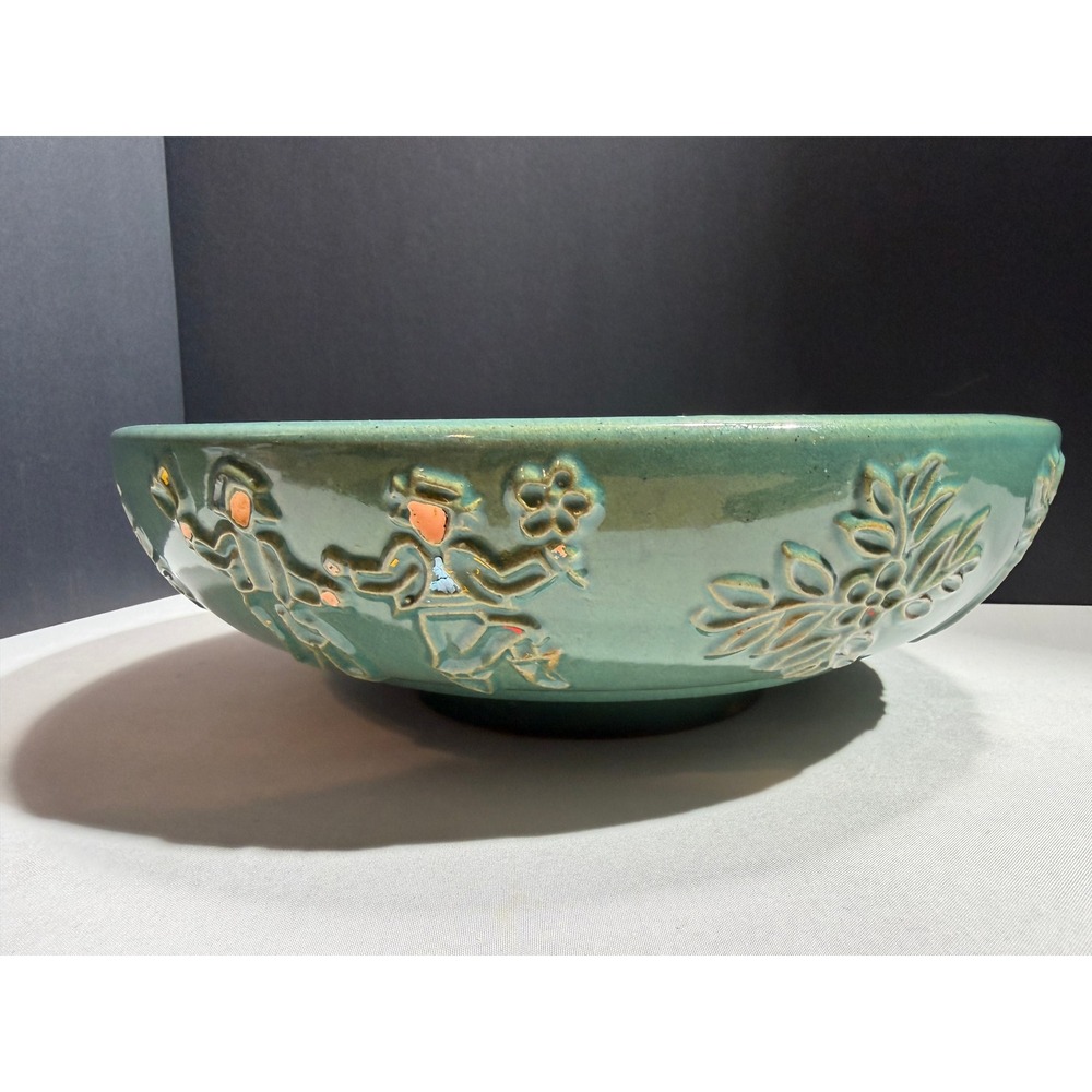 Vintage Red Wing Pottery Teal Green Embossed Console Bowl USA Art Pottery 1107